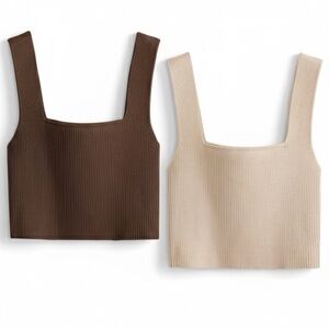 2 Square Neck Sleeveless Solid Ribbed Knit Crop Top Tank - Coffee Brown + Beige